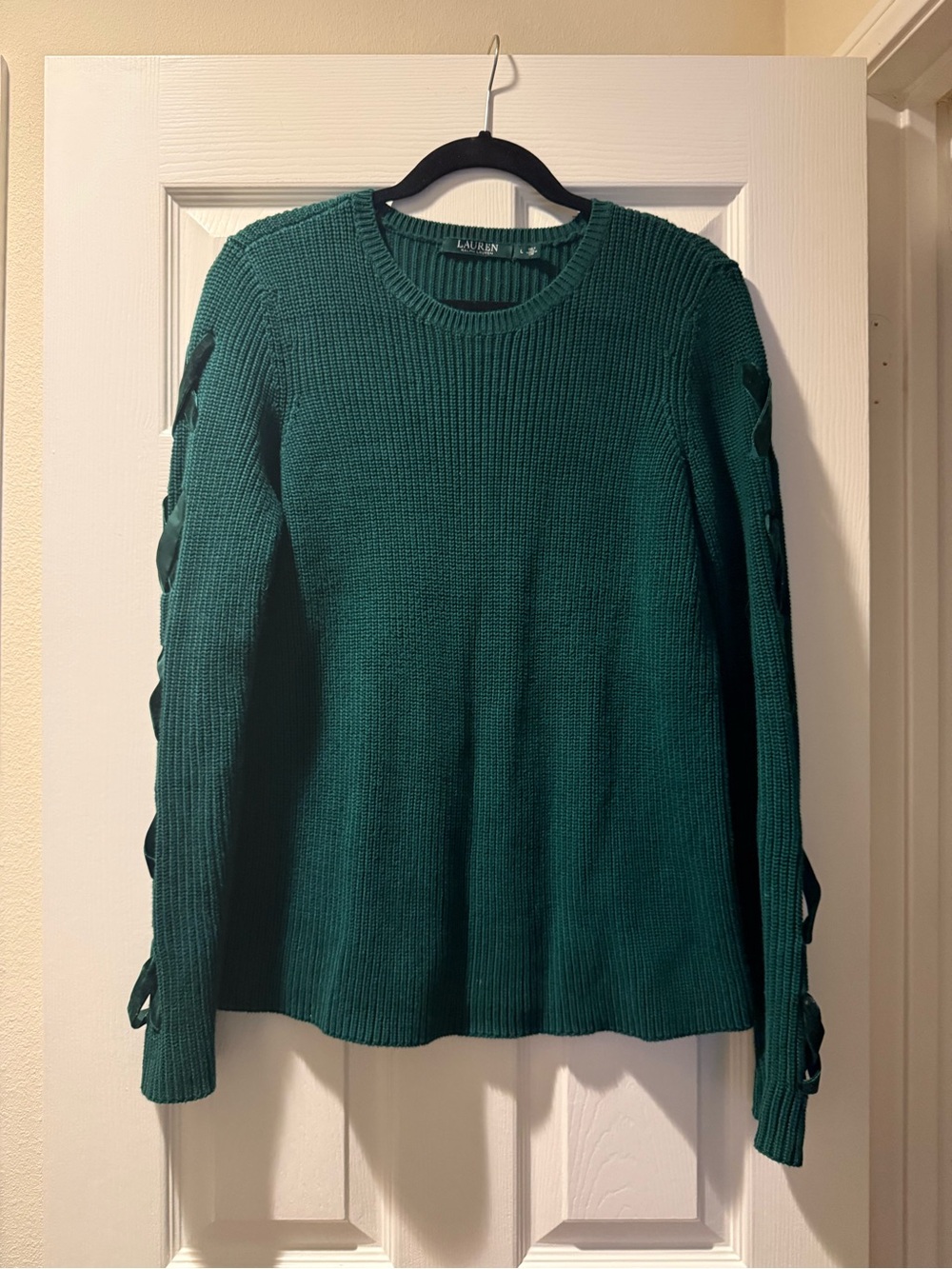 Lauren Ralph Lauren Dark Green Crewneck Sweater with Velvet Lace-Up Sleeve